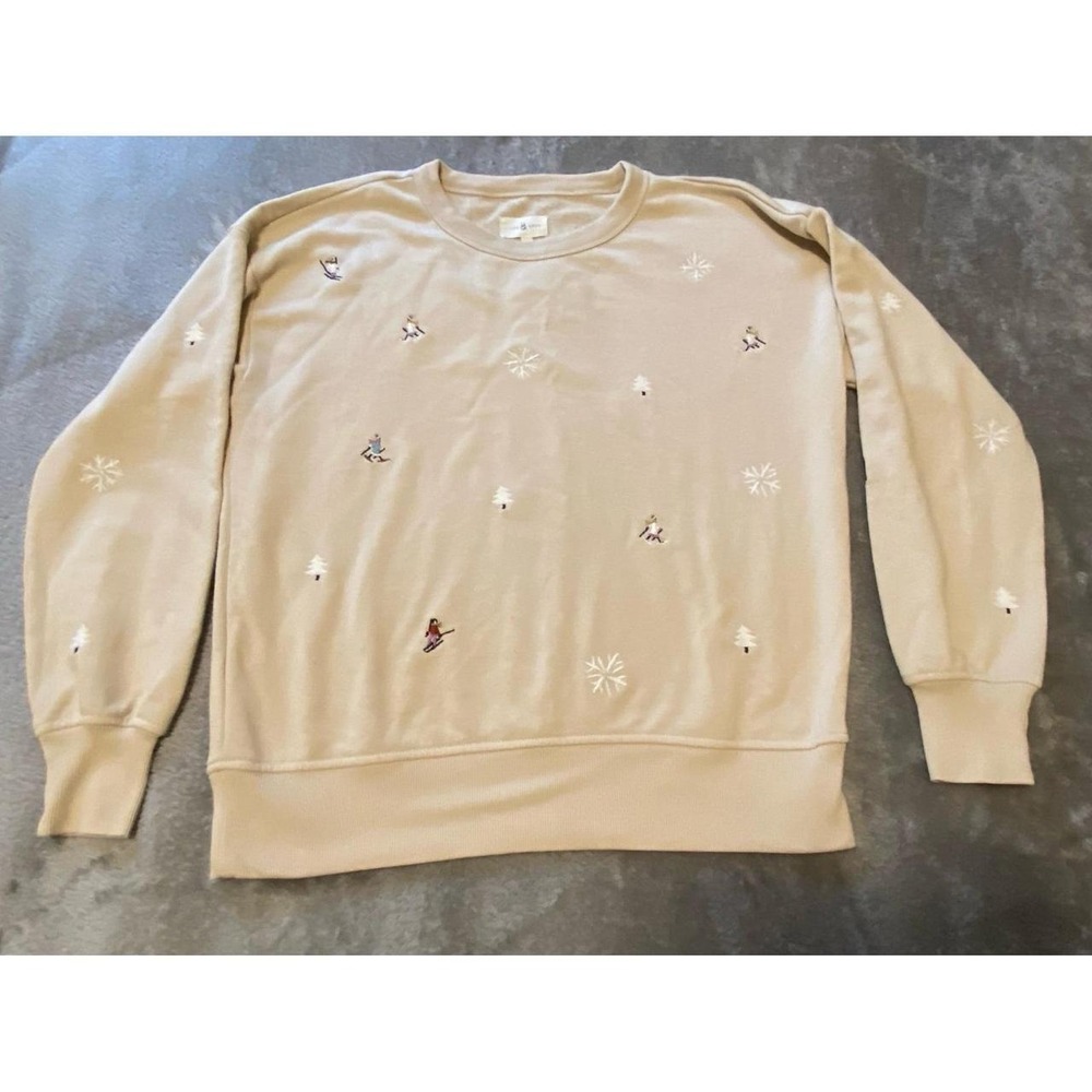 Lou & Grey Sweatshirt Skiers Snowflakes Pinetrees Soft Small Beige Neutral sku53